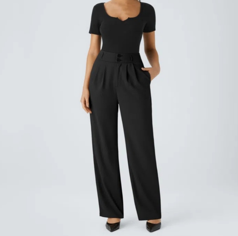 NWT HALARA High Waisted Button Zipper Side Pocket Shirred Straight Leg (Size: M)